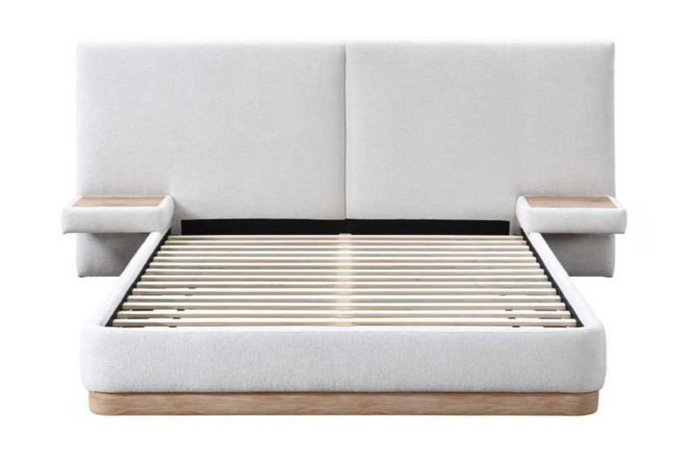 IF-5927 Warm Ivory Upholstered Platform Bed with Floating Nightstands and Natural Oak Accents