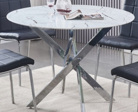 Round Tempered White Marble 5pc Dining Set with 4 Black Chairs T-1445 C-1760