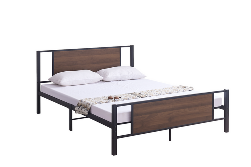 Black Steel Bed Frame with Wood Panel Accents IF-5275