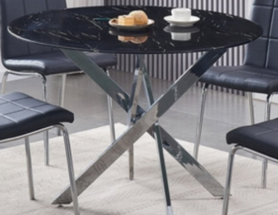 Round Tempered Black Marble 5pc Dining Set with 4 Black Chairs T-1446 C-1760
