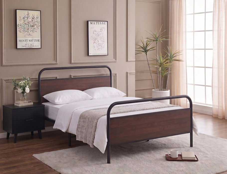 Black Steel Bed Frame with Wood Panel Accents IF-5255