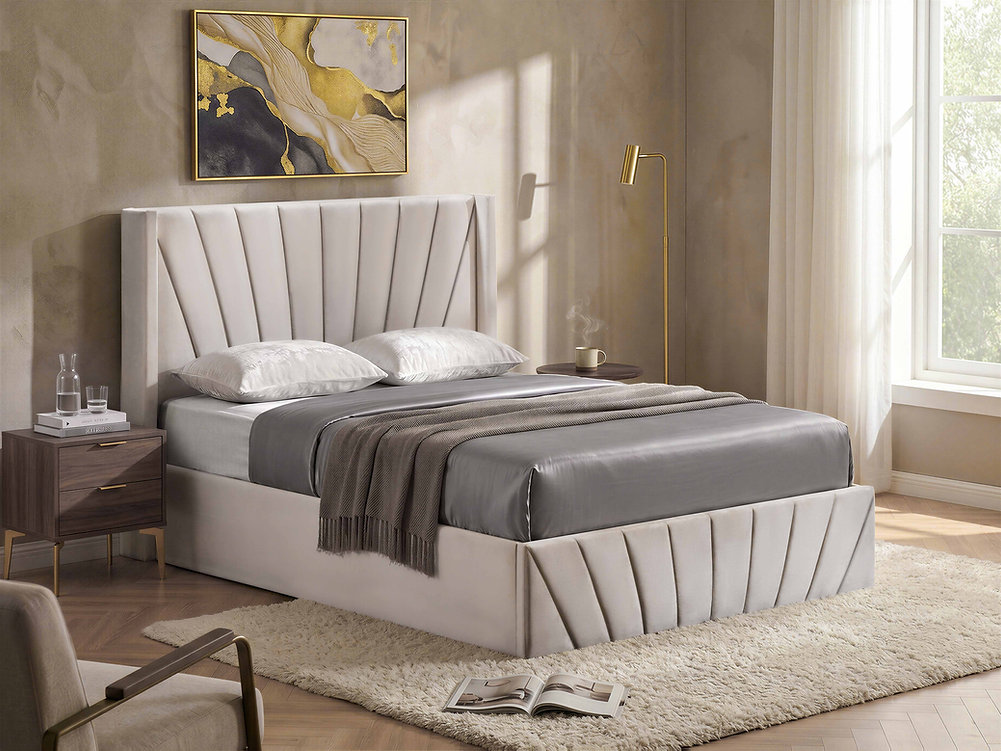IF-5872 Warm Ivory Velvet Hydraulic Storage Platform Bed