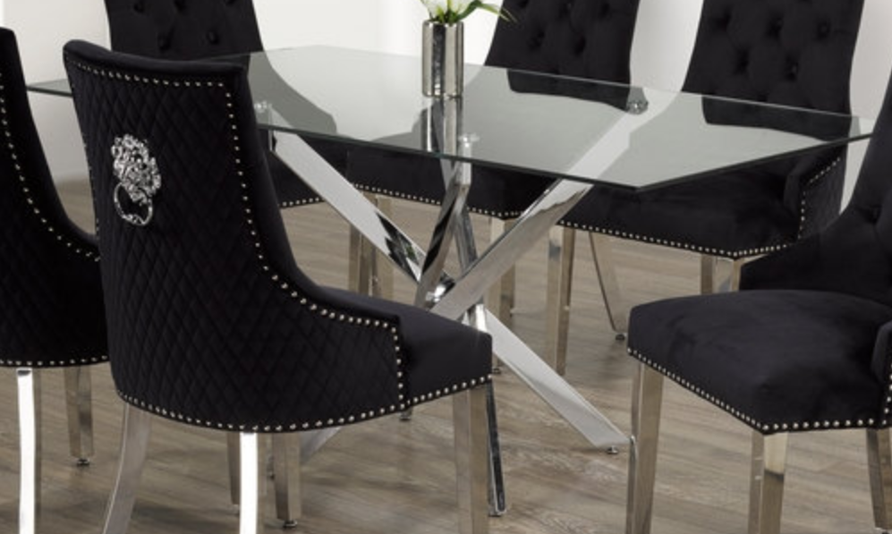 Tempered Glass 7pc Dining Set with black chairs T-1448 C-1251