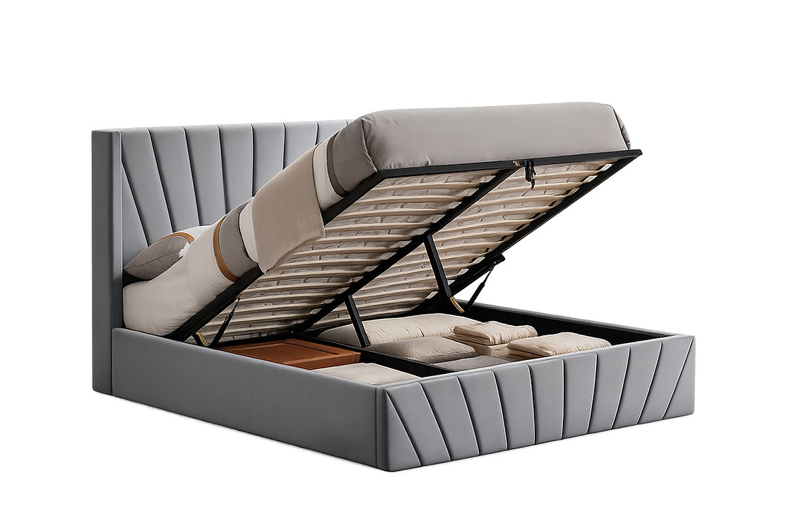 Silver Grey Velvet Hydraulic Storage Platform Bed IF-5870