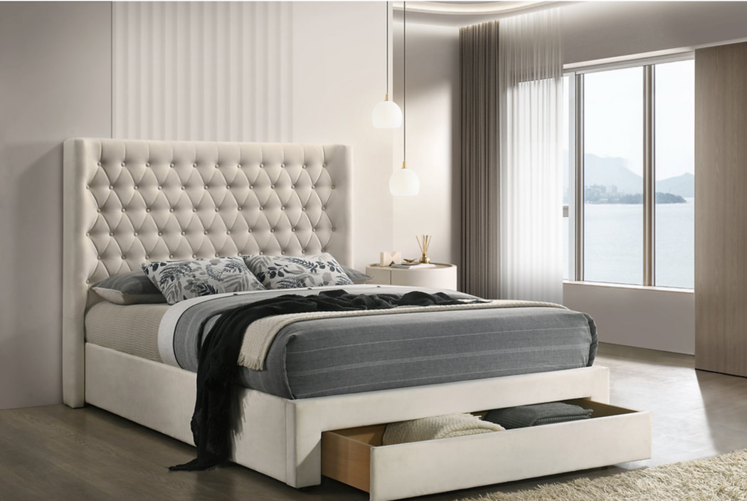 IF-5760 Warm Ivory Velvet Diamond-Tufted Platform Bed with Storage Drawer