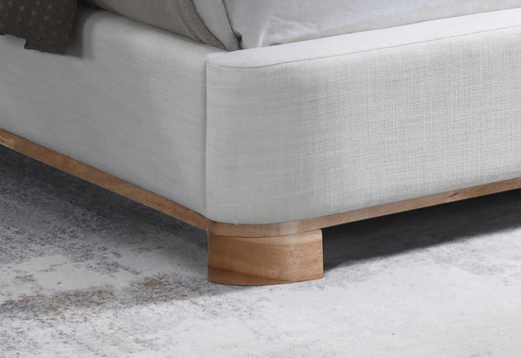 IF 5910 Warm Ivory Rounded Upholstered Platform Bed with Natural Wood Base