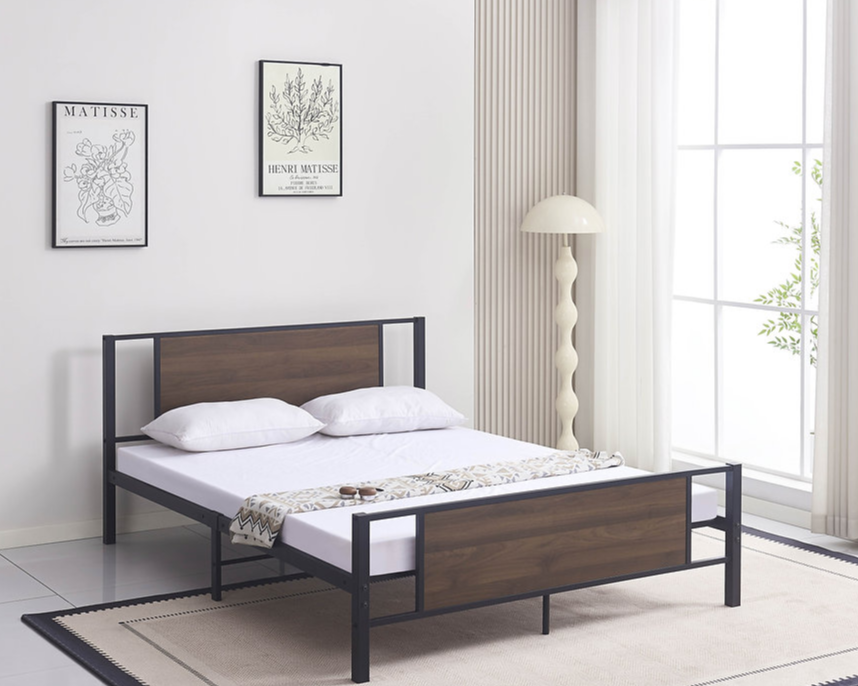 Black Steel Bed Frame with Wood Panel Accents IF-5275
