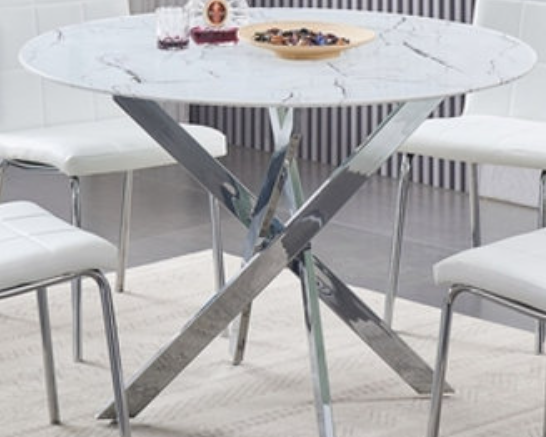 Round Tempered White Marble 5pc Dining Set with 4 White Chairs T-1445 C-1761