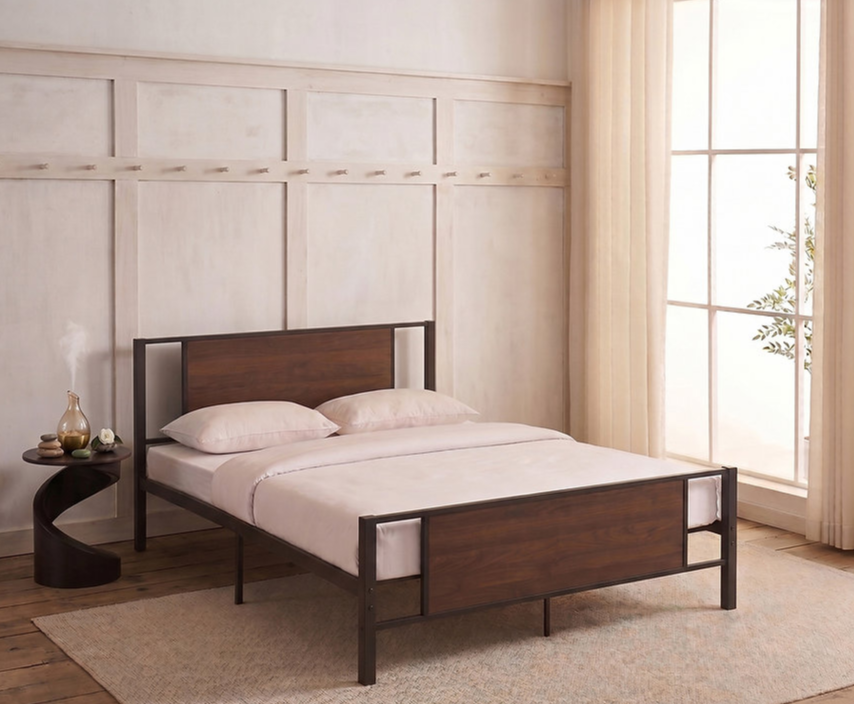 Black Steel Bed Frame with Wood Panel Accents IF-5275