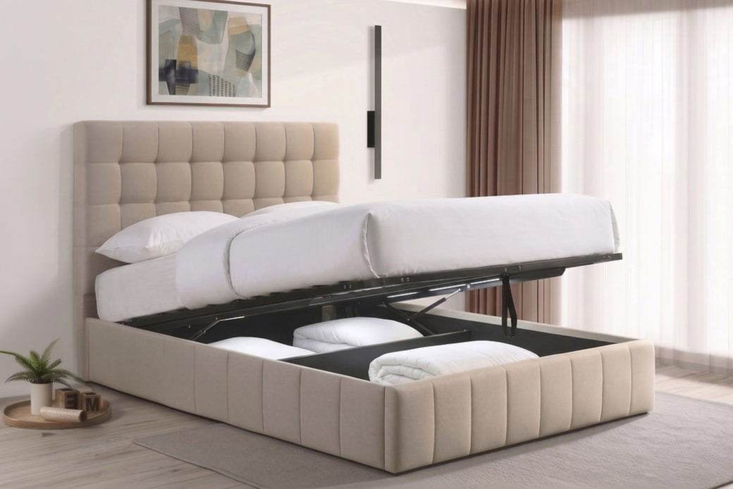 Soft Warm Ivory Textured Fabric Storage Bed IF-5786