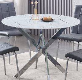 Round Tempered White Marble 5pc Dining Set with 4 Grey Chairs T-1445 C-1762