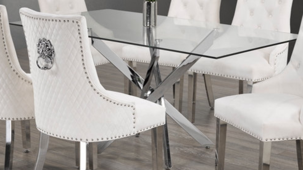 Tempered Glass 7pc Dining Set with cream chairs T-1448 C-1253
