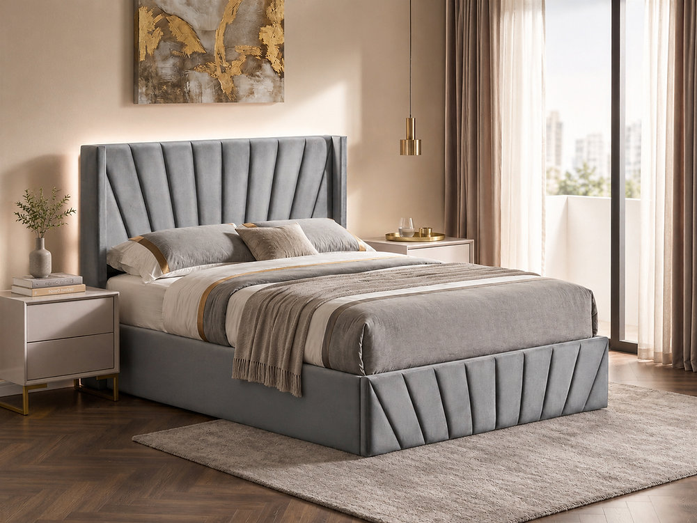 Silver Grey Velvet Hydraulic Storage Platform Bed IF-5870