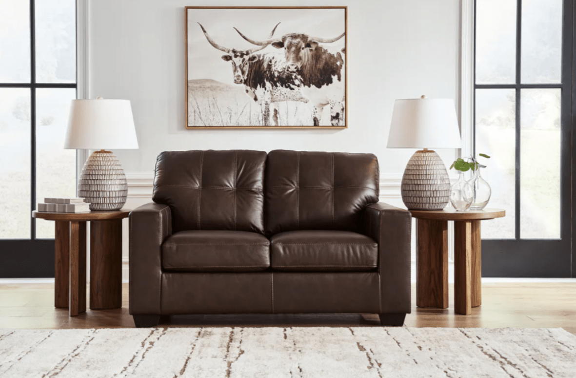 AshleyAshley 21706 Santorine - Sofa, Loveseat, Chair and Ottoman - Leather Match - Dark Brown
