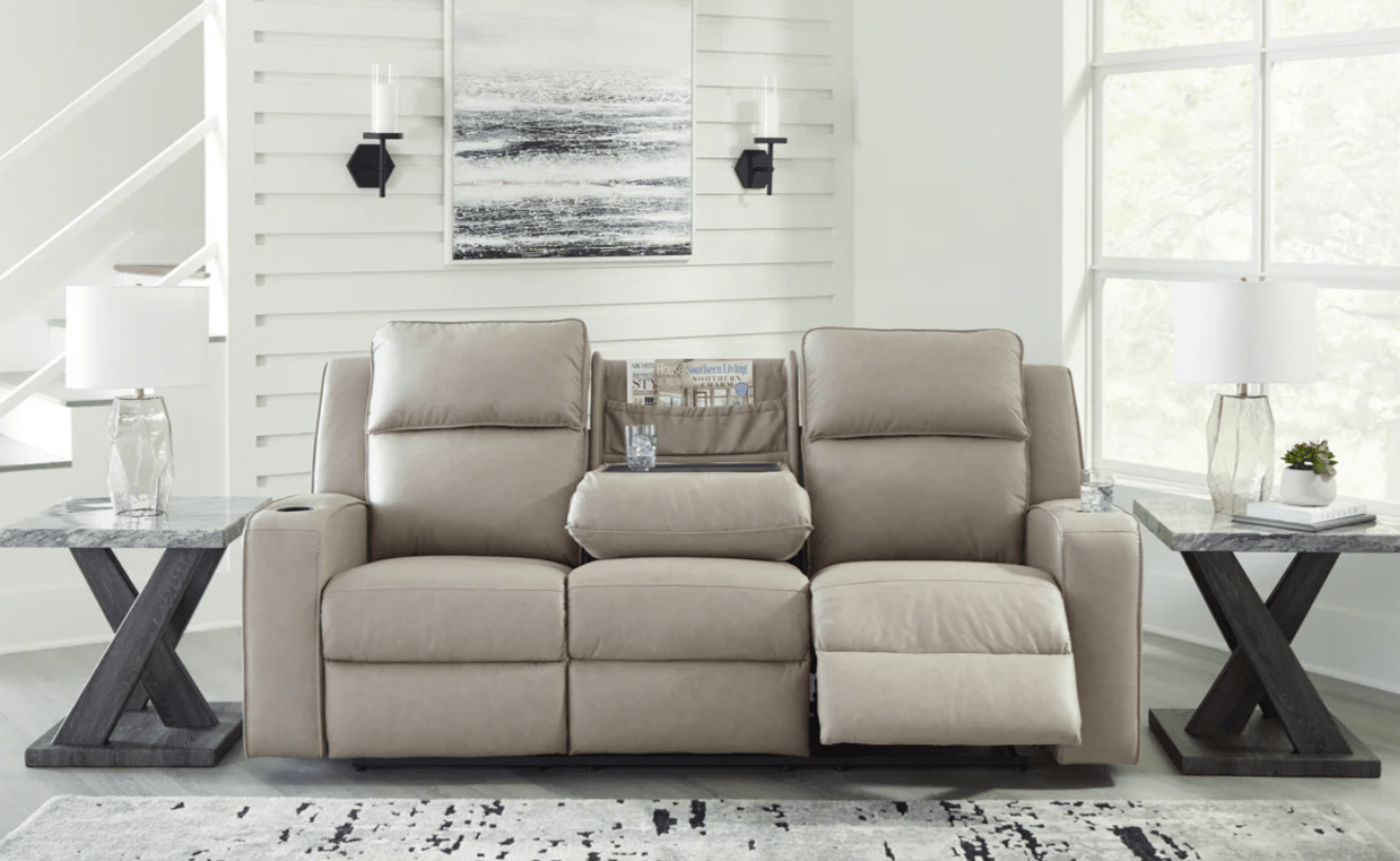 AshleyAshley 63307 Lavenhorne - Reclining Sofa W/ Drop Down Table - Faux Leather - Pebble