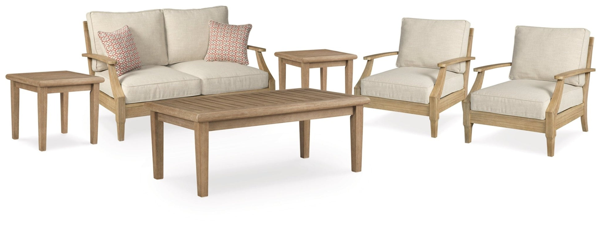 AshleyClare View Outdoor Loveseat and 2 Lounge Chairs with Coffee Table and 2 End Tables