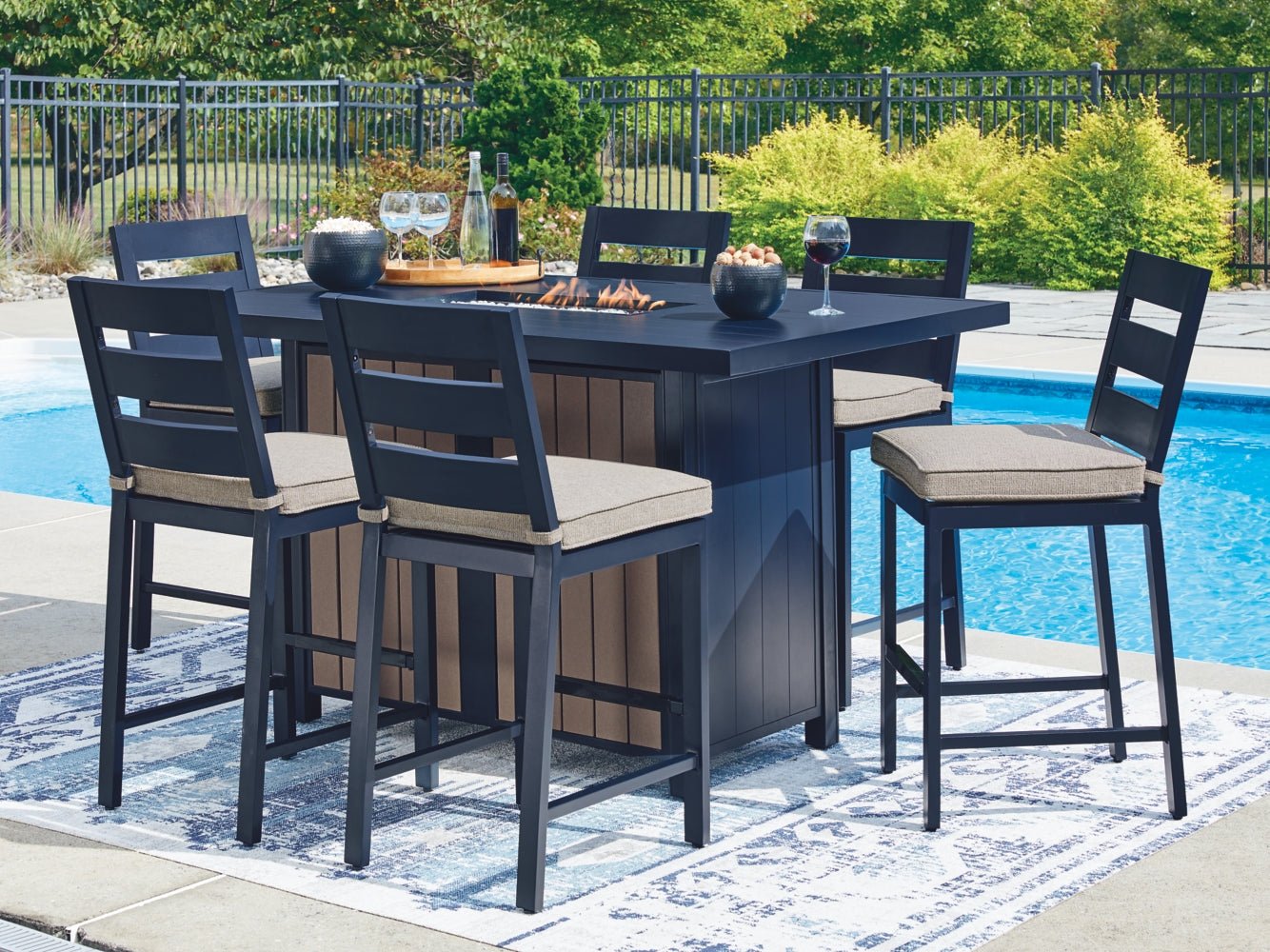 AshleyEast Beach Outdoor Fire Pit Table and 6 Barstools