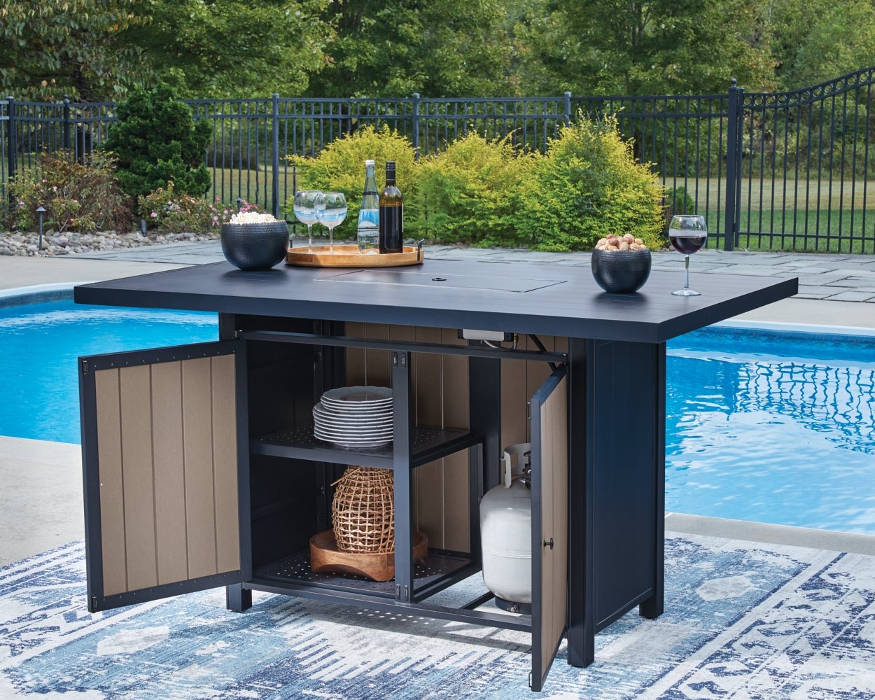 AshleyEast Beach Outdoor Fire Pit Table and 6 Barstools