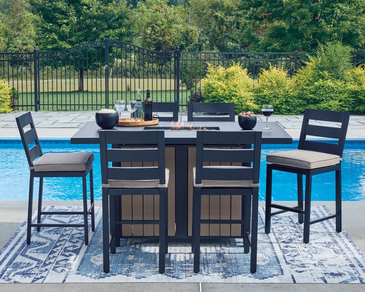 AshleyEast Beach Outdoor Fire Pit Table and 6 Barstools