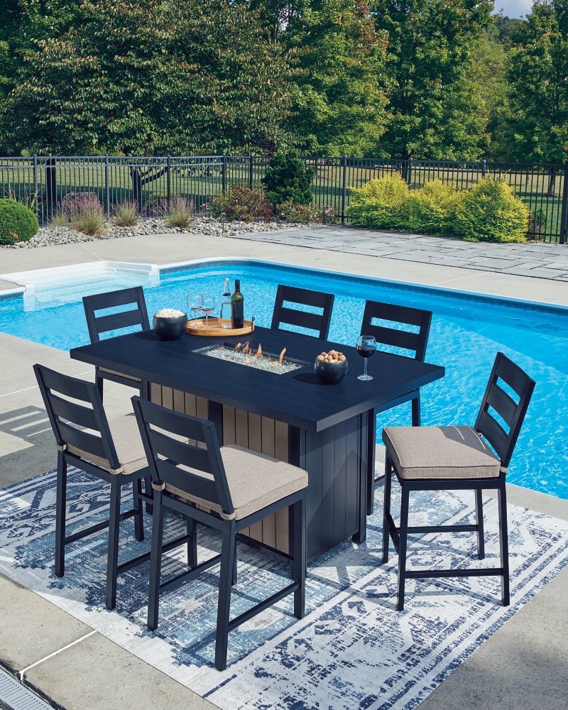 AshleyEast Beach Outdoor Fire Pit Table and 6 Barstools