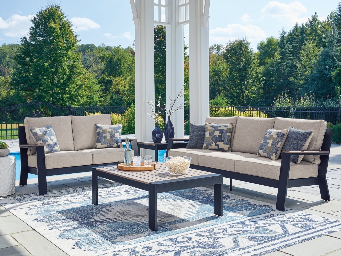 AshleyEast Beach Outdoor Sofa and Loveseat with Coffee Table