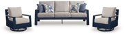 AshleyEast Beach Outdoor Sofa with 2 Swivel Glider Chairs