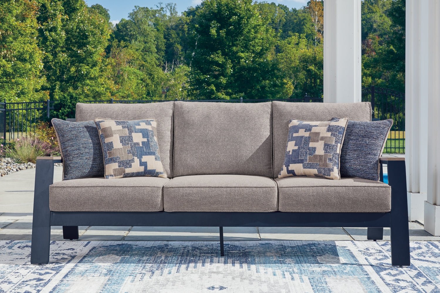 AshleyEast Beach Outdoor Sofa with 2 Swivel Glider Chairs