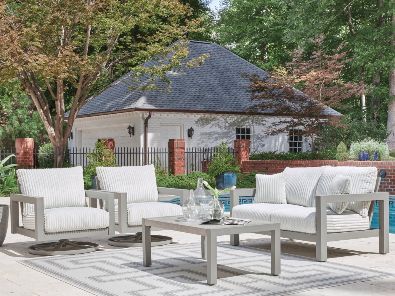 AshleyHurley Park Outdoor Loveseat and 2 Lounge Chairs with Coffee Table