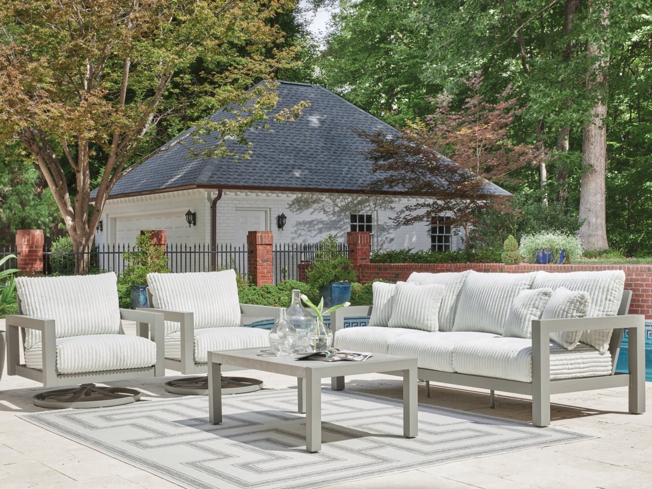 AshleyHurley Park Outdoor Sofa and 2 Chairs with Coffee Table