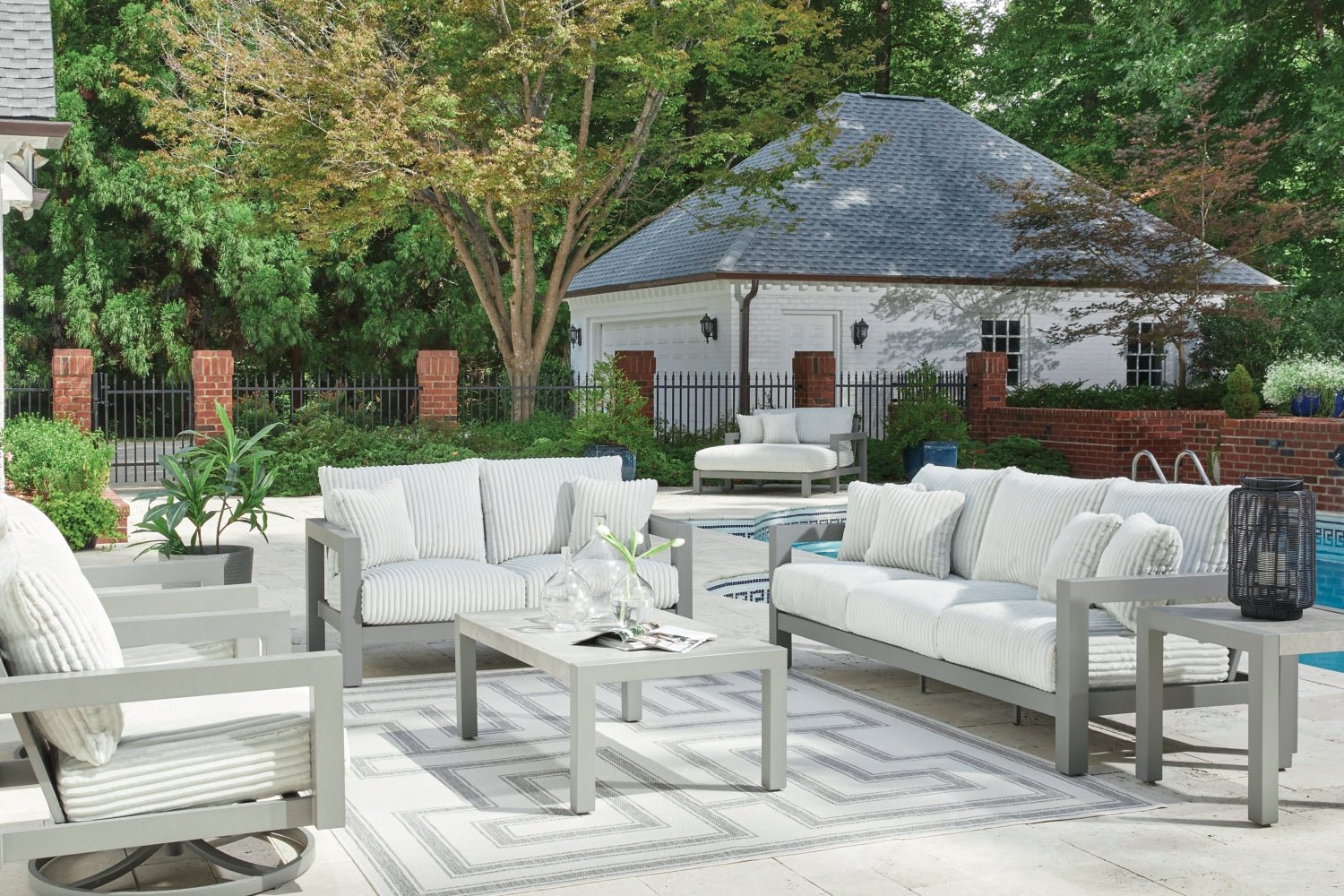 AshleyHurley Park Outdoor Sofa and Loveseat with Coffee Table and 2 End Tables
