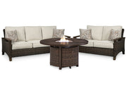 AshleyParadise Trail Outdoor Sofa and Loveseat with Fire Pit Table