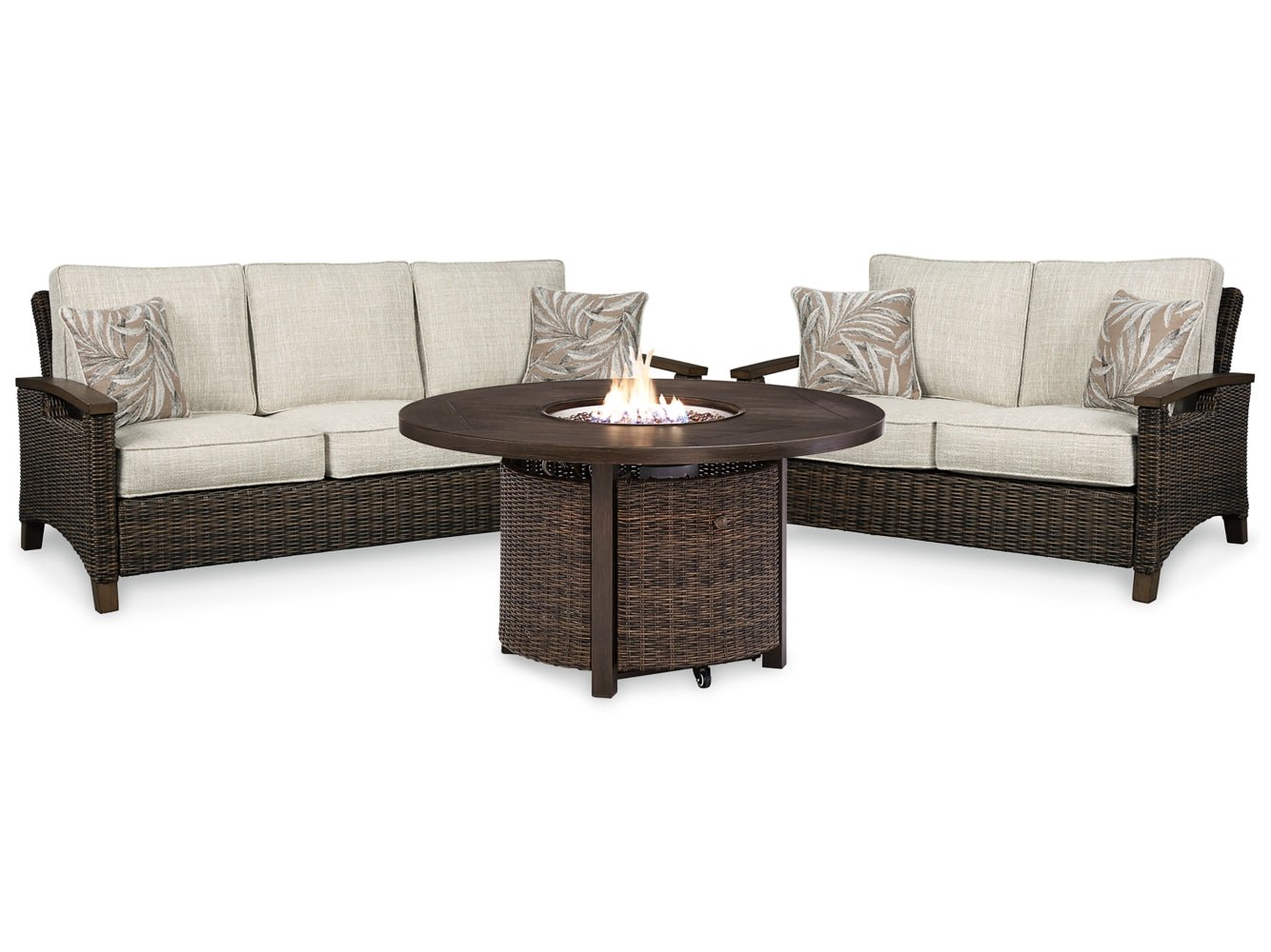 AshleyParadise Trail Outdoor Sofa and Loveseat with Fire Pit Table