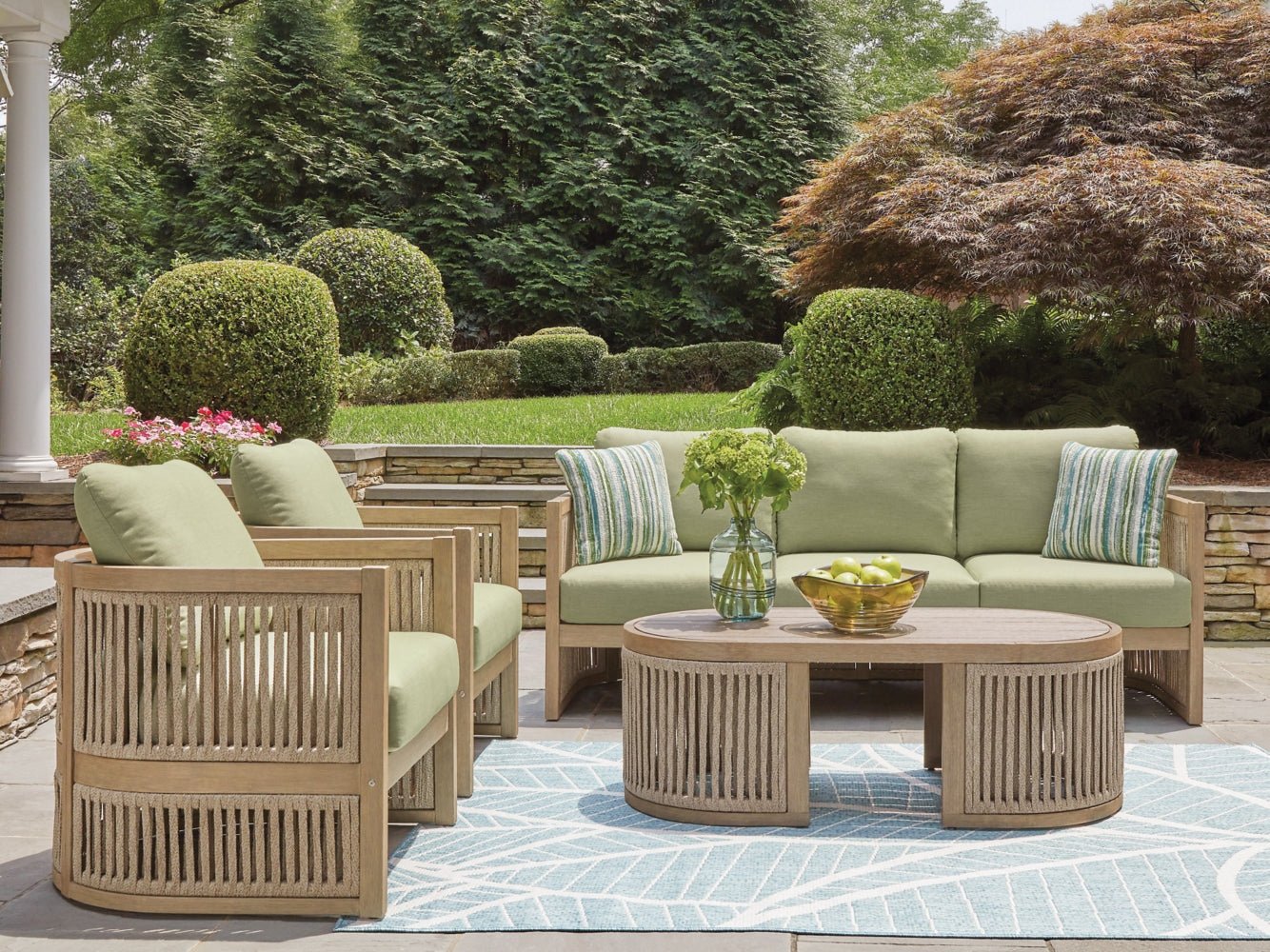 AshleySerena Shores Outdoor Sofa and 2 Chairs with Coffee Table