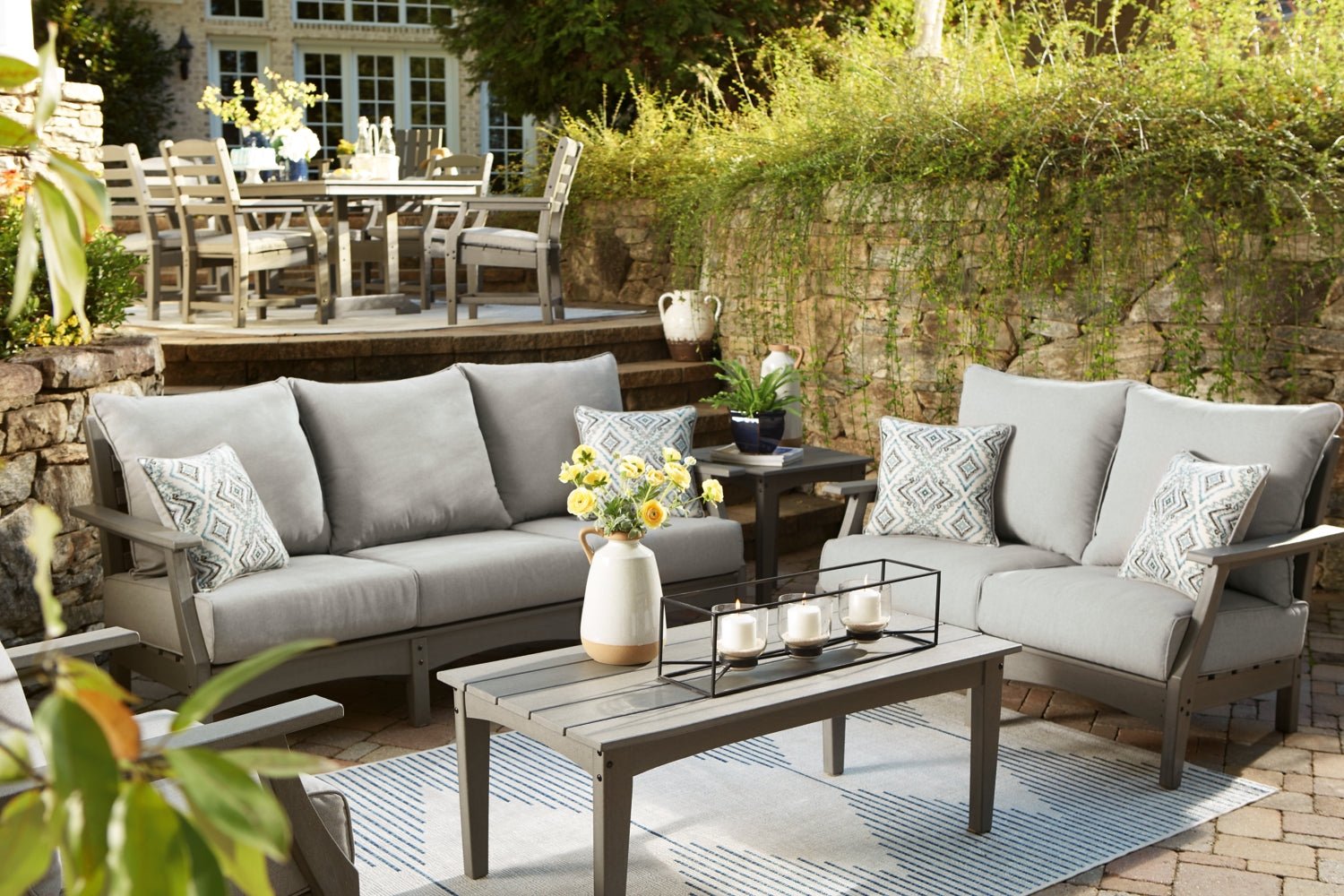 AshleyVisola 3 Piece Outdoor Sofa, Loveseat & Coffee Table Set