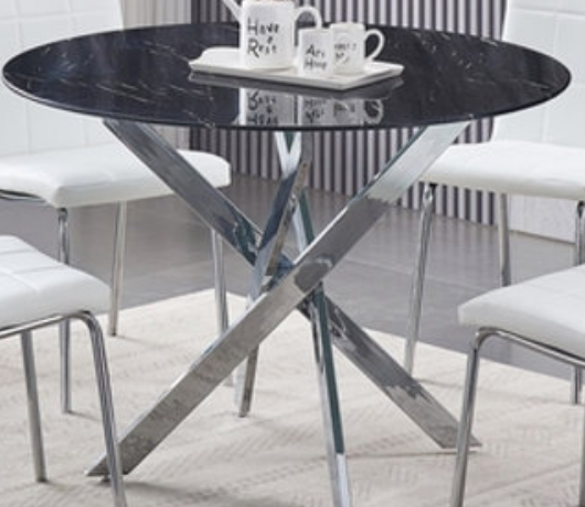 Round Tempered Black Marble 5pc Dining Set with 4 White Chairs T-1446 C-1761