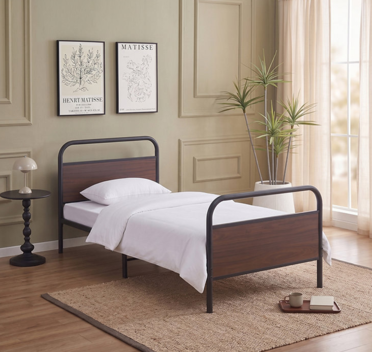 Black Steel Bed Frame with Wood Panel Accents IF-5255