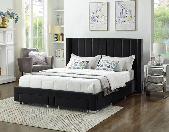 Black Velvet Fabric Wing Bed with Deep Tufting and Chrome Legs IF-5313