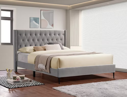 Grey Velvet Wingback Tufted Platform Bed with Nailhead Trim IF-5590