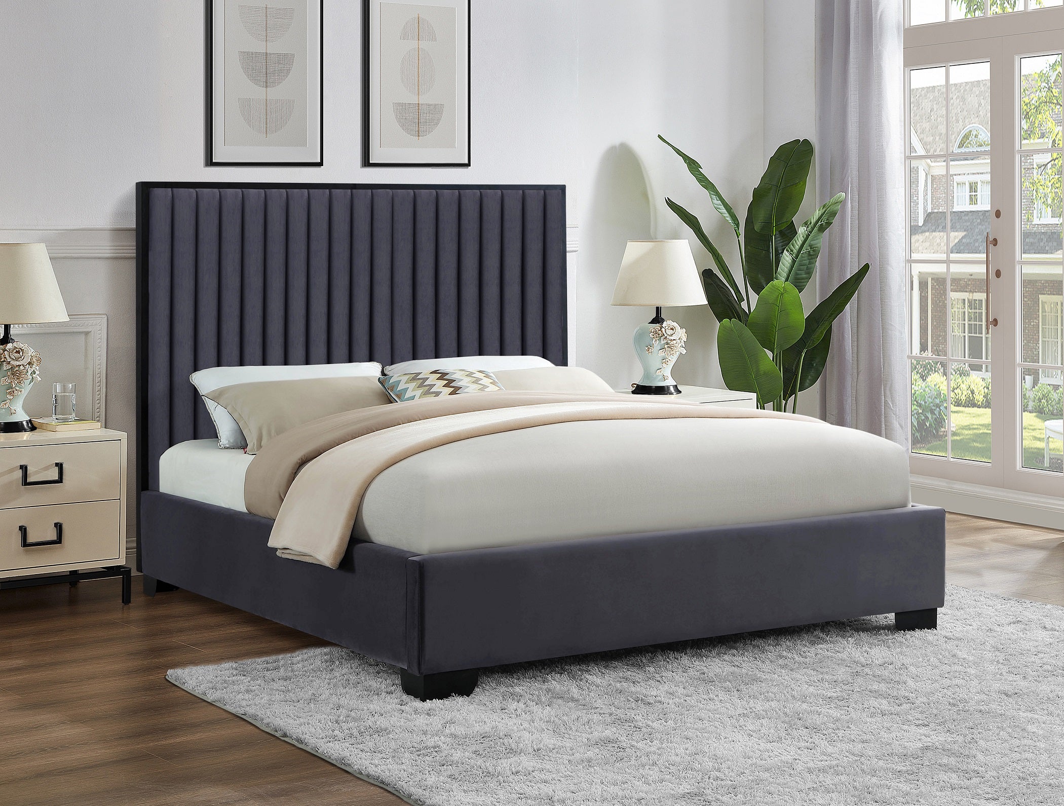 Grey Velvet Upholstered Bed IF-5545