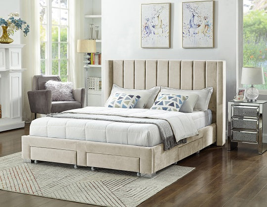 Creme Velvet Fabric Wing Bed with Deep Tufting and Chrome Legs IF-5312
