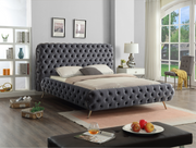 Grey Velvet Fabric Bed with Extra Deep Button Tufting and Sleek Chrome Leg Includes Mattress Support IF-5865