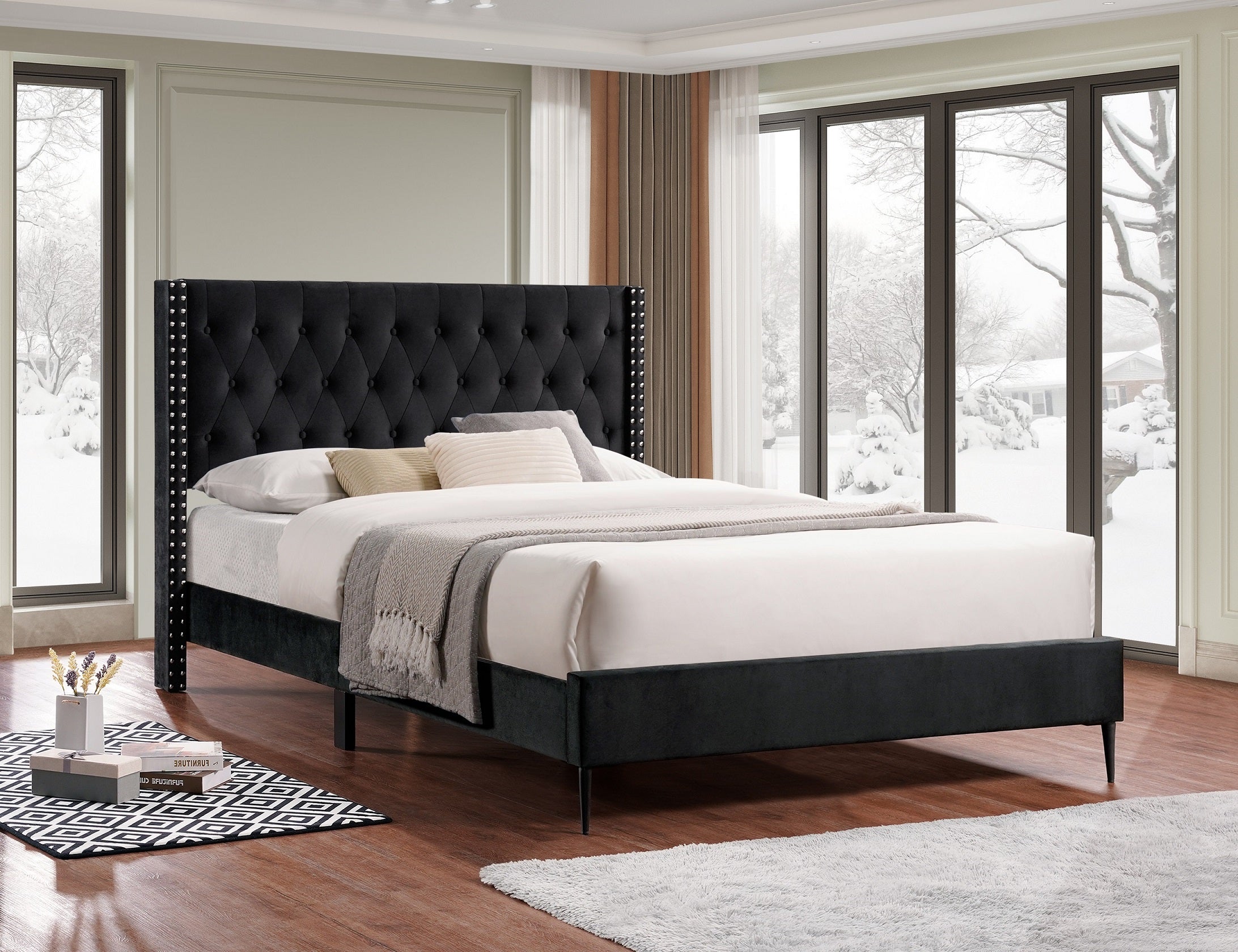 Black Velvet Fabric Platform Bed IF-5593