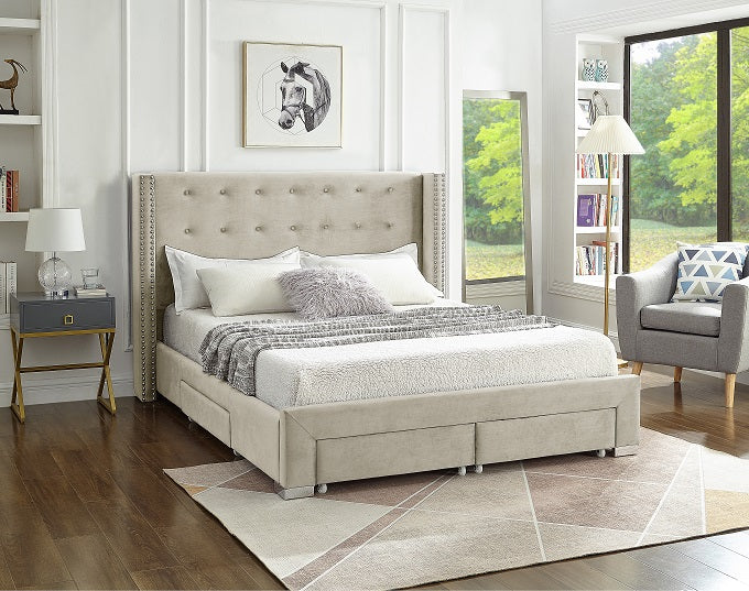 Creme Velvet Fabric Wing Bed with Nailhead Details and Chrome Legs IF-5322
