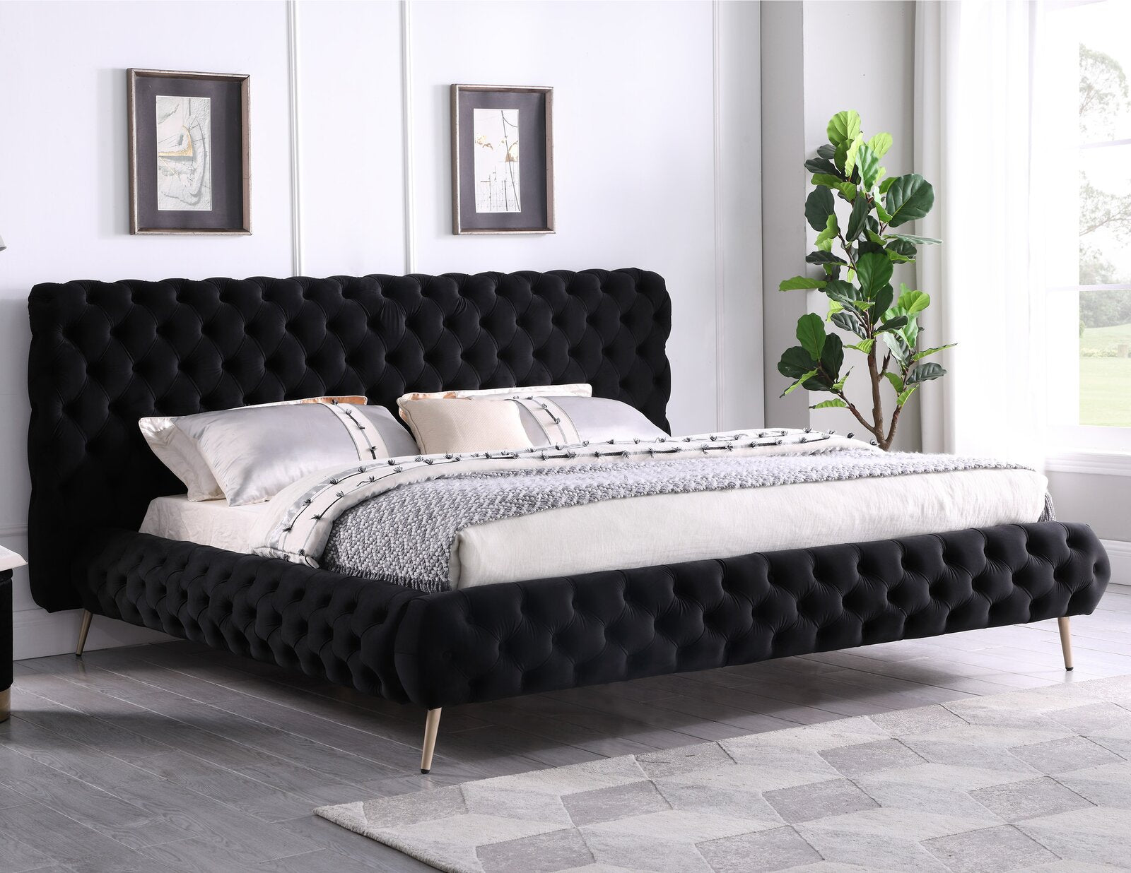 Black Velvet Fabric Bed with Extra Deep Button Tufting and Sleek Chrome Leg Includes Mattress Support IF-5866