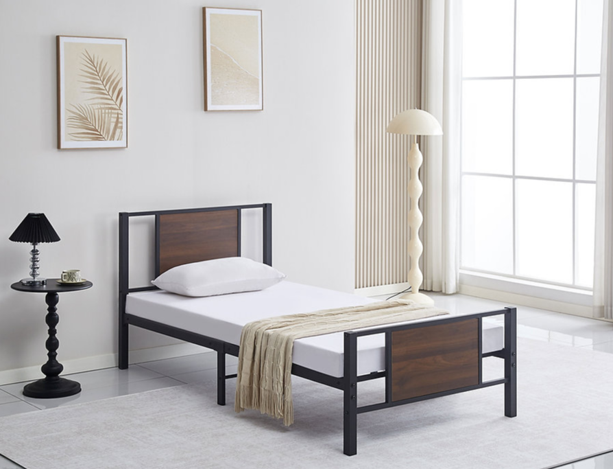 Black Steel Bed Frame with Wood Panel Accents IF-5275
