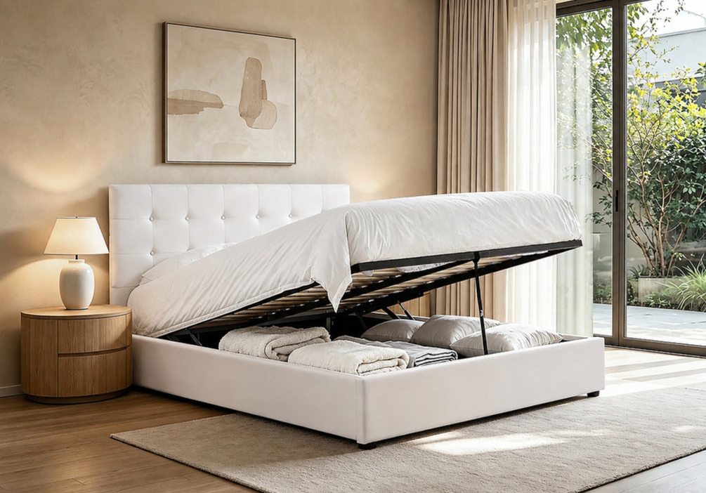 Cream Fabric Upholstered Storage Bed IF-5446
