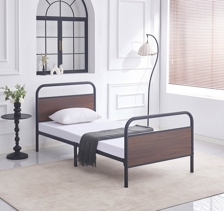 Black Steel Bed Frame with Wood Panel Accents IF-5255