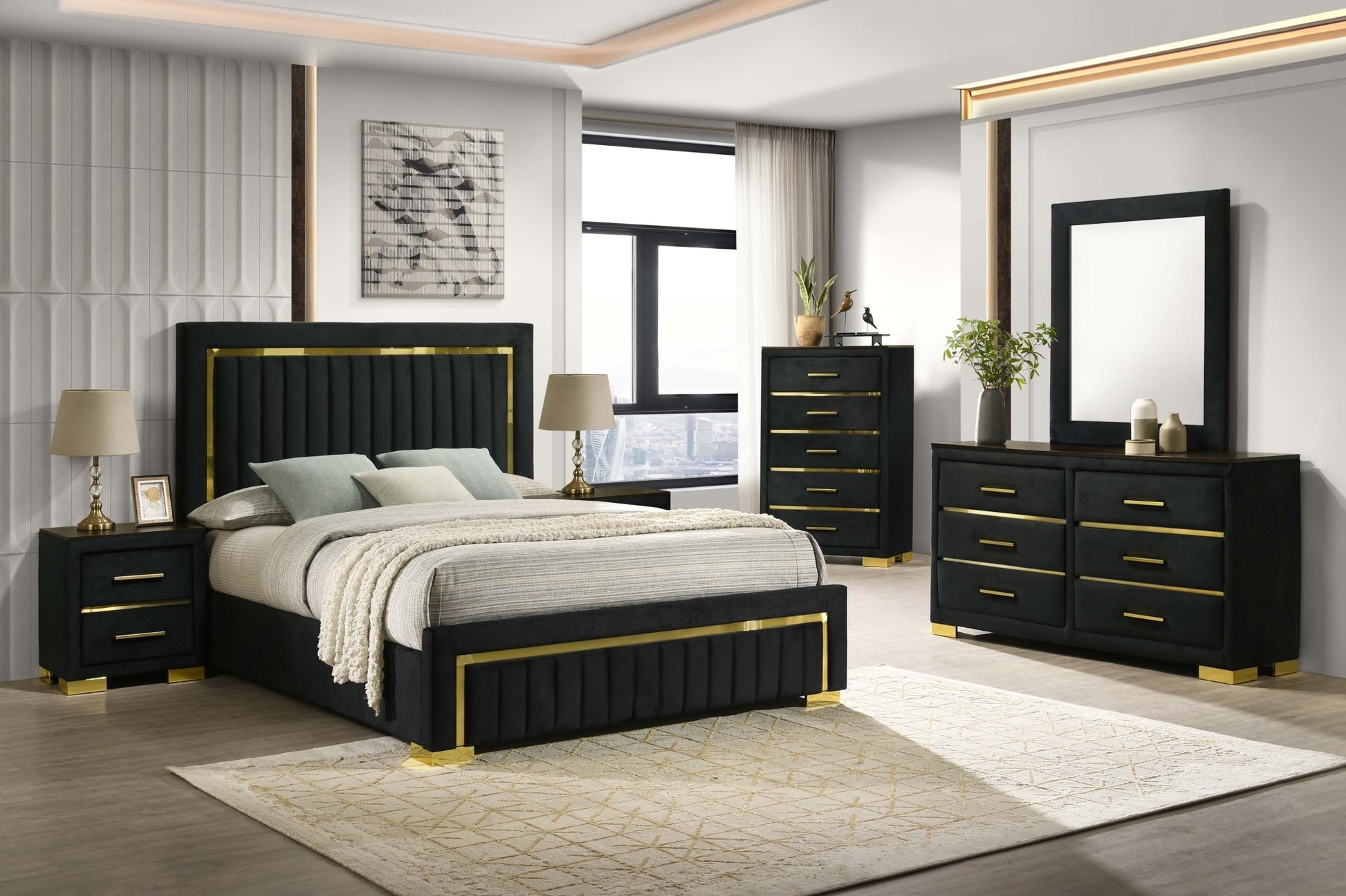 IFDCAurora Black Velvet Bedroom Set