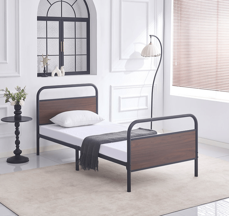 IFDCBlack Steel Bed Frame with Wood Panel Accents IF-5255