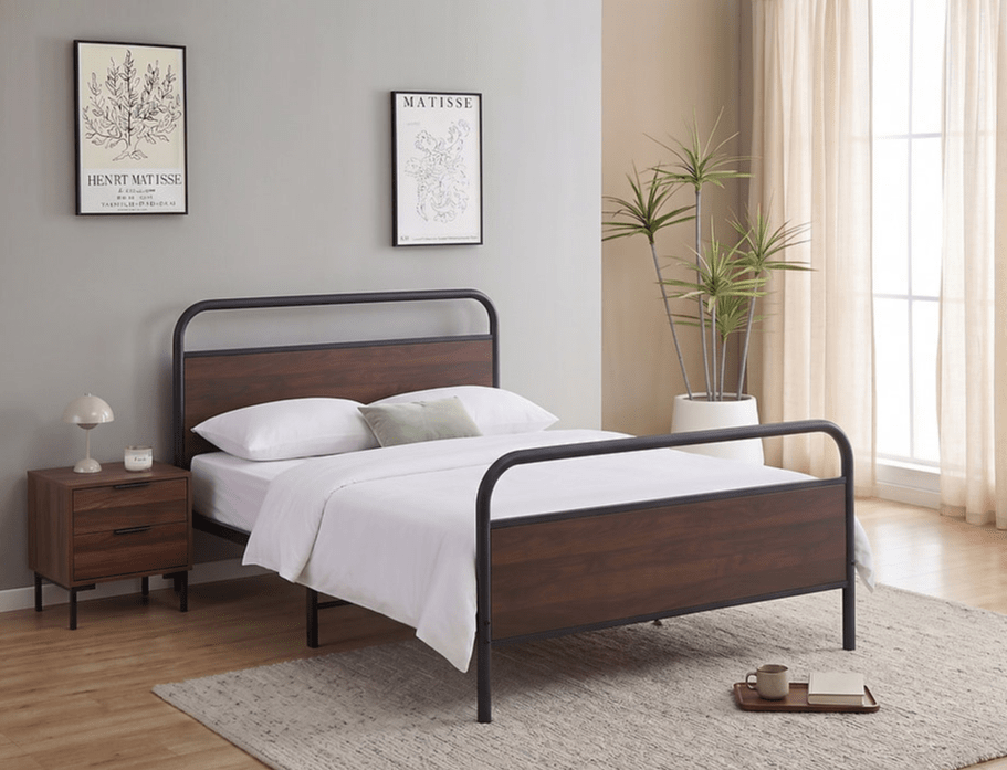 IFDCBlack Steel Bed Frame with Wood Panel Accents IF-5255